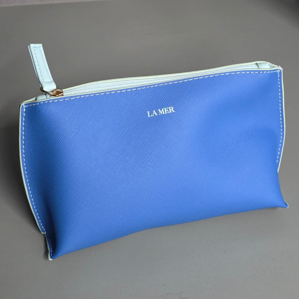 La Mer Blue Saffiano Textured Cosmetic Makeup Bag Travel Pouch Mint Trim